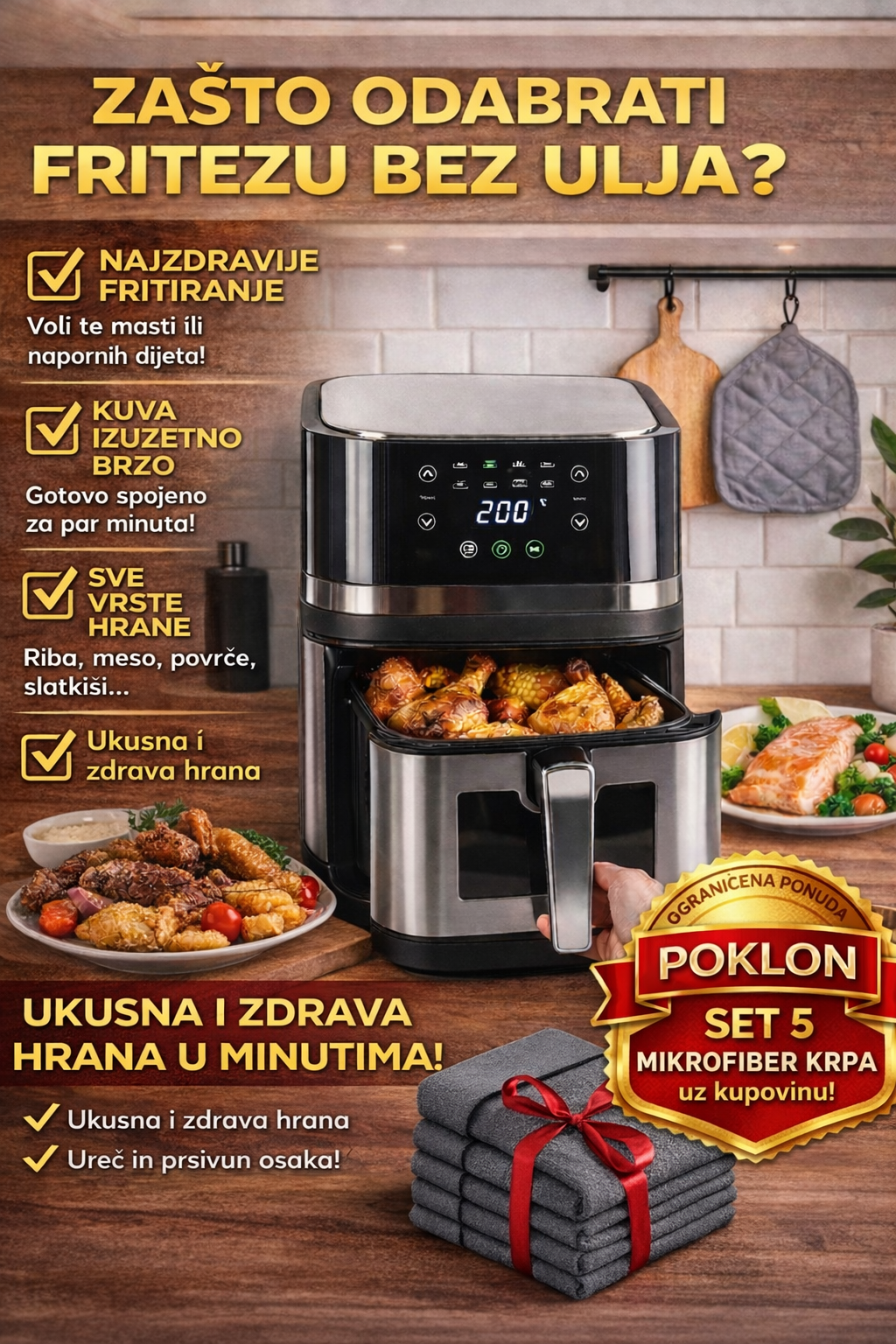 FRITEZA BEZ ULJA – VELIKA AIR FRYER PEĆNICA 2400W 8L PRAVIH + POKLON Set 5 Mikrofiber Krpa