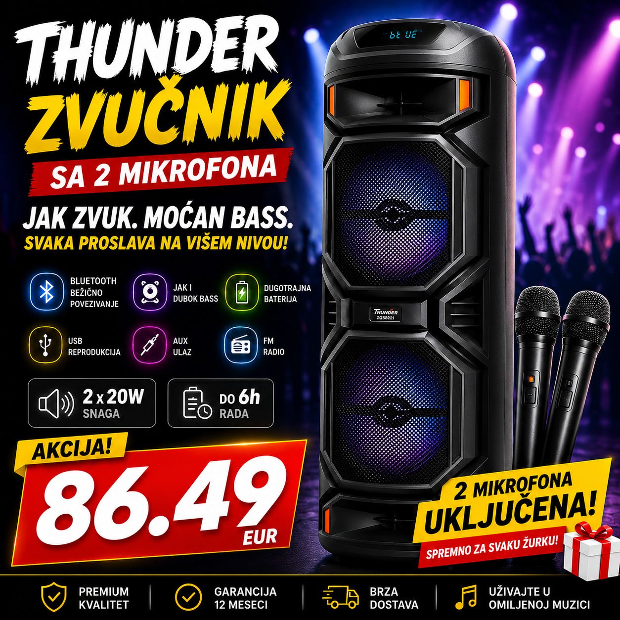 Veliki Zvučnik THUNDER sa  dva bežična mikrofona