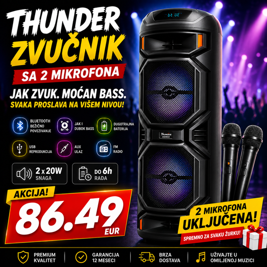 Veliki Zvučnik THUNDER sa  dva bežična mikrofona