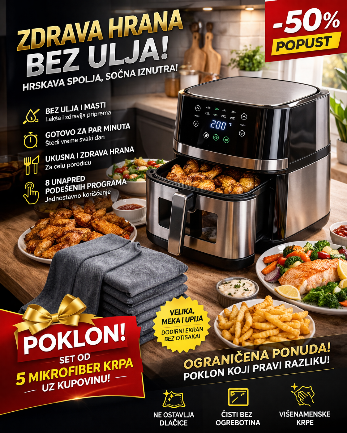 FRITEZA BEZ ULJA – VELIKA AIR FRYER PEĆNICA 2400W 8L PRAVIH + POKLON Set 5 Mikrofiber Krpa