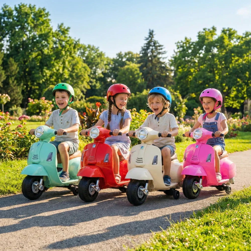 Električna Vespa za Decu – Dečiji Skuter na Akumulator sa Muzikom, Svetlima i Pomoćnim Točkićima