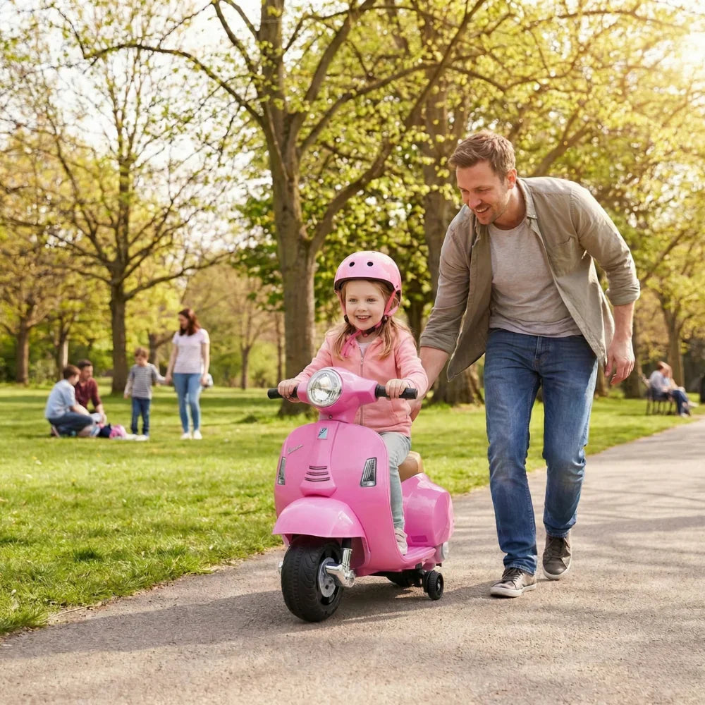 Električna Vespa za Decu – Dečiji Skuter na Akumulator sa Muzikom, Svetlima i Pomoćnim Točkićima