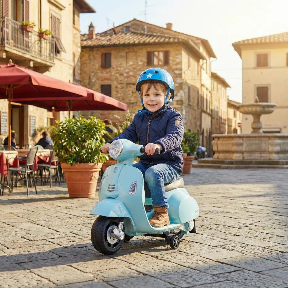 Električna Vespa za Decu – Dečiji Skuter na Akumulator sa Muzikom, Svetlima i Pomoćnim Točkićima