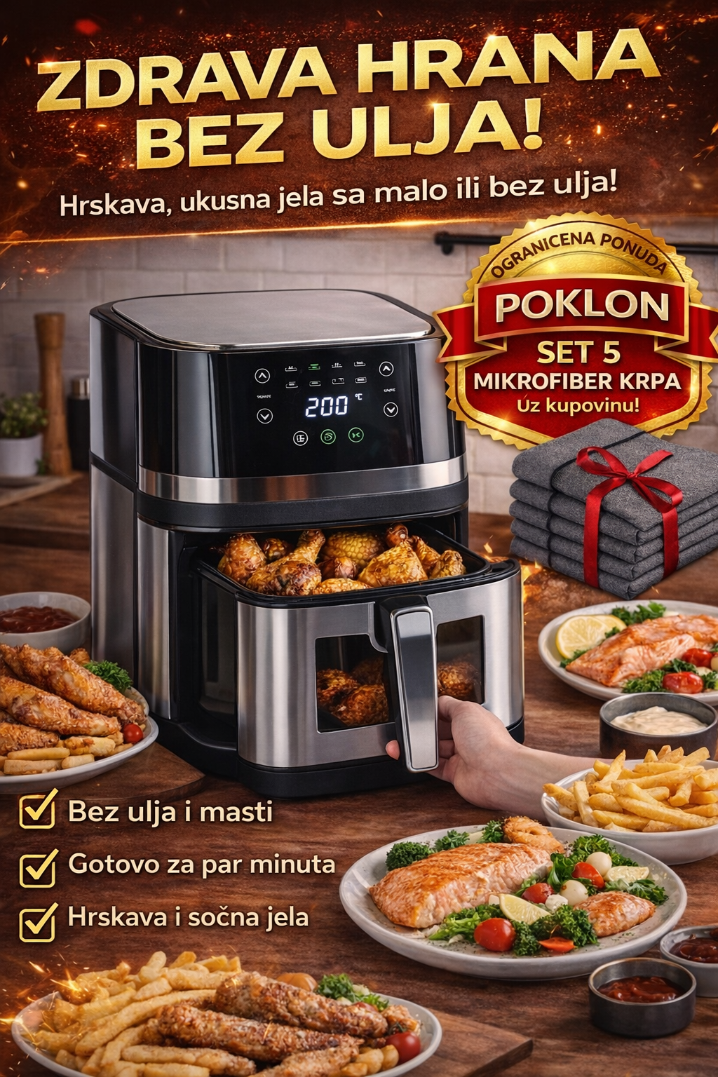 FRITEZA BEZ ULJA – VELIKA AIR FRYER PEĆNICA 2400W 8L PRAVIH + POKLON Set 5 Mikrofiber Krpa