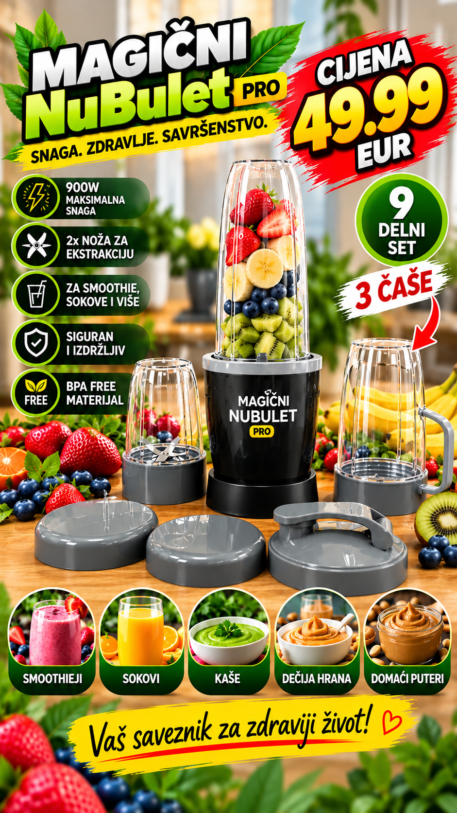 NuBullet Blender Najveći 900W sa 9 dodataka